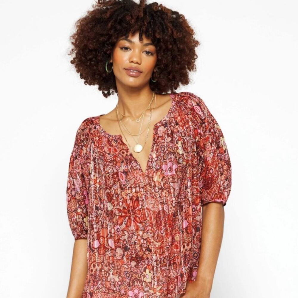 A.L.C. Julianna Sorbet Floral Puff Sleeve Split Neck Silk Cotton Top 2 XS